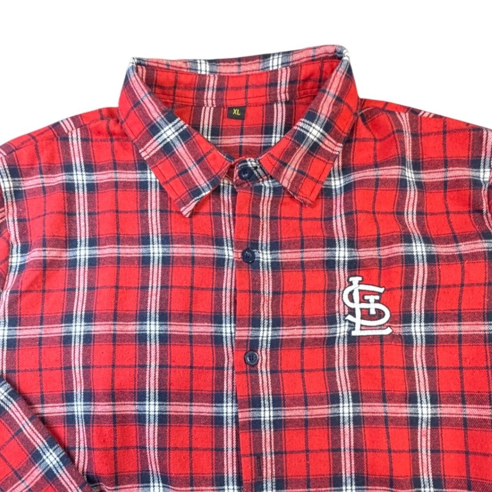 St Louis Cardinals MLB Mens XL Red Plaid Flannel Button Up Shirt Long Sleeve K1